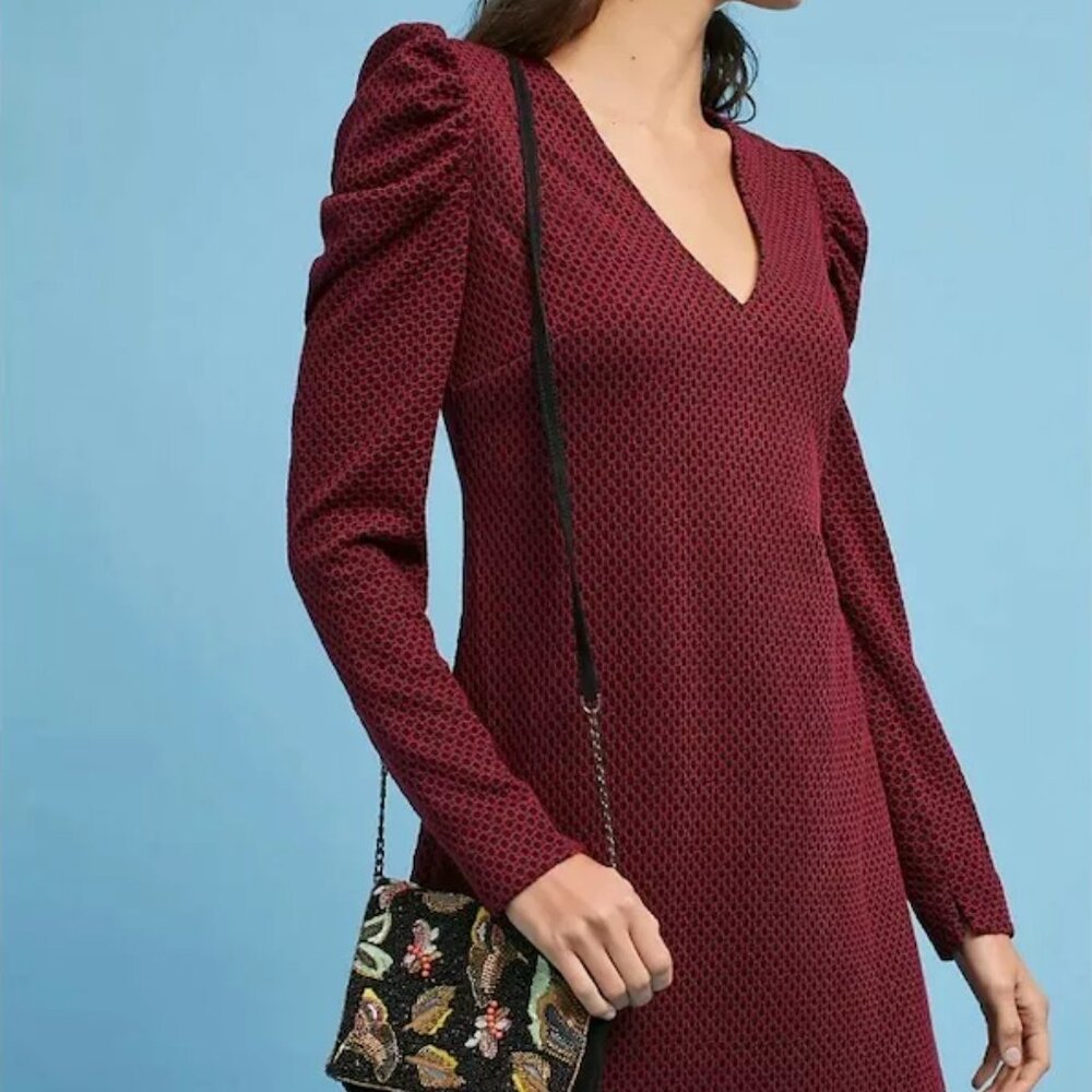 Donna Morgan Burgundy Puff Sleeve Textured Mini Dress | Size 4